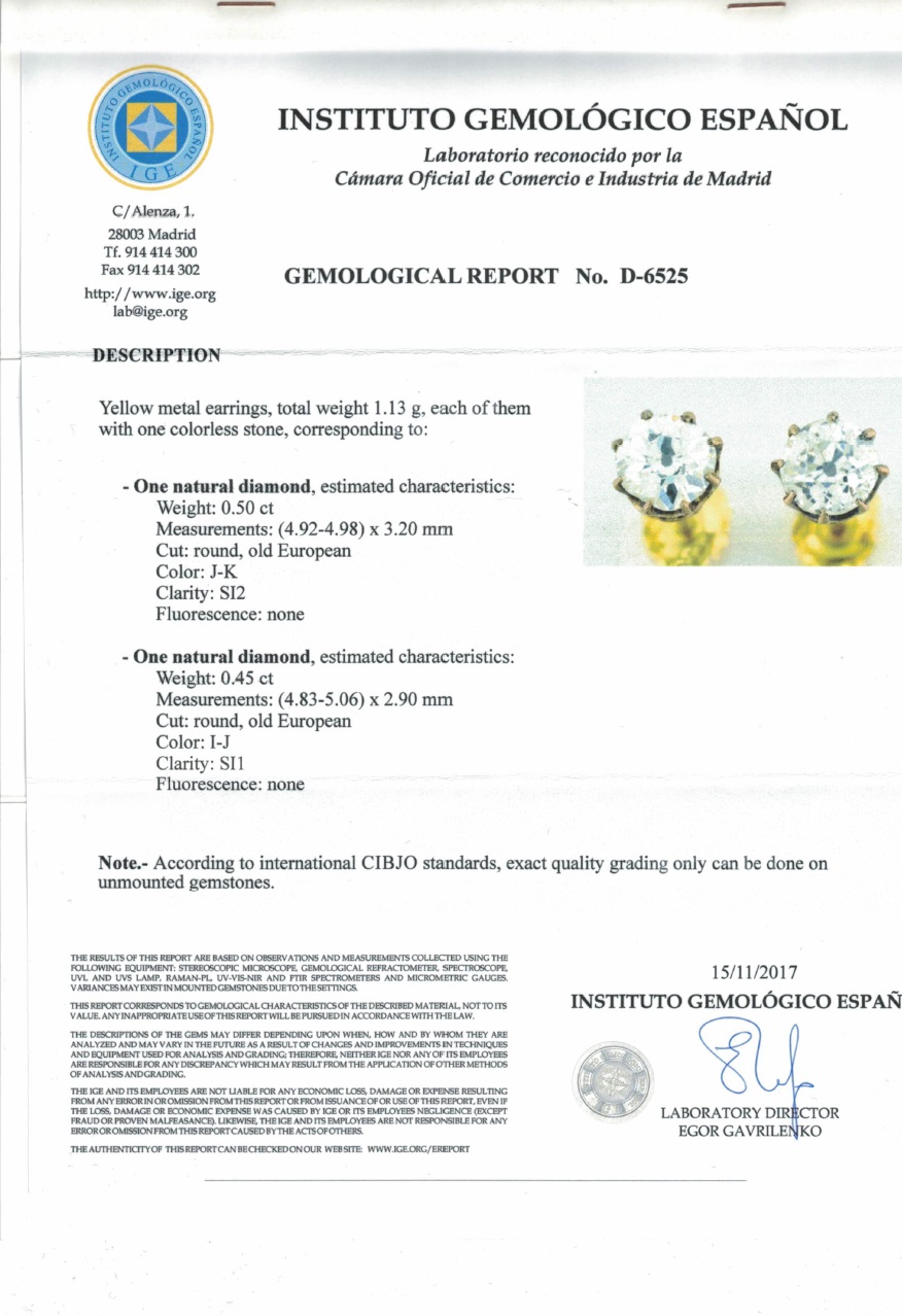 Juego de pendientes tipo dormilona, en Oro Rosa, con Diamantes Naturales talla Antigua Europa de 0,50 ct. (J-K/SI2) y 0,45 ct. (I-J/SI1). Certificado IGE Juego de pendientes tipo dormilona, en Oro Rosa, con Diamantes Naturales talla Antigua Europa de 0,50 ct. (J-K/SI2) y 0,45 ct. (I-J/SI1). Certificado IGE