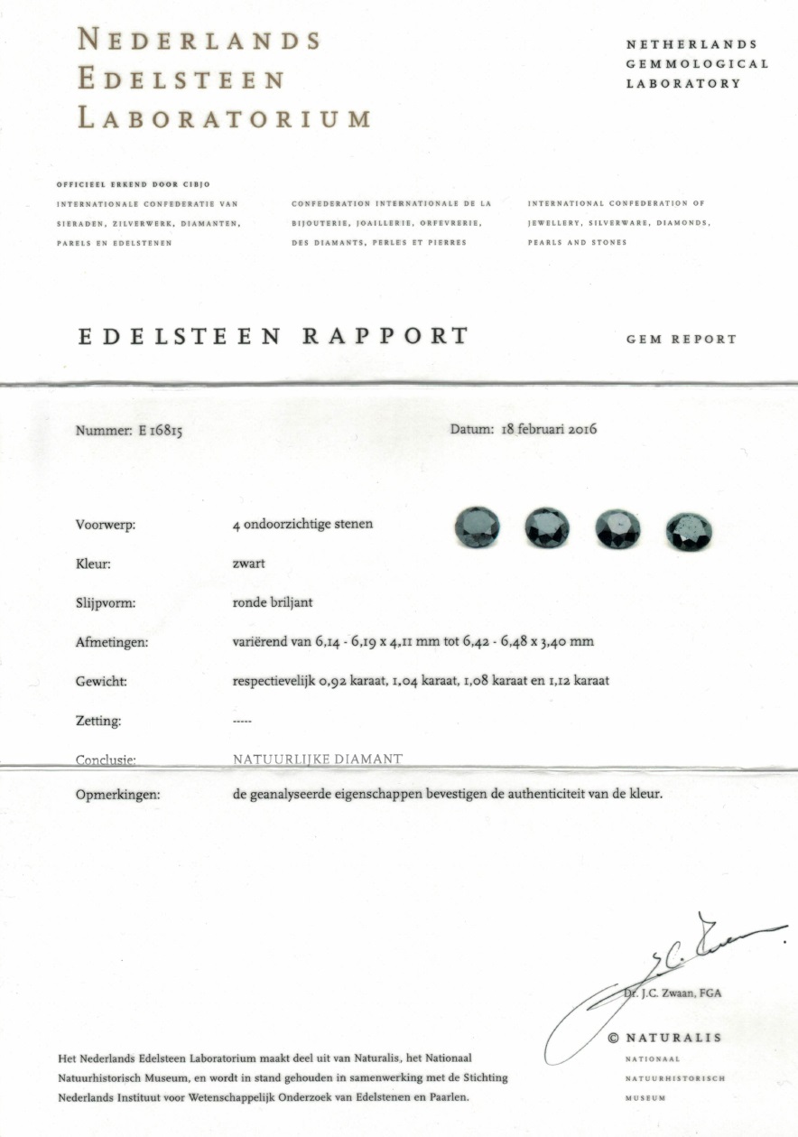 Lote de cuatro Diamantes Naturales talla Brillante de 4,16 ct. Color: Negro. NO TRATADO. Certificado NEL. Lote de cuatro Diamantes Naturales talla Brillante de 4,16 ct. Color: Negro. NO TRATADO. Certificado NEL.