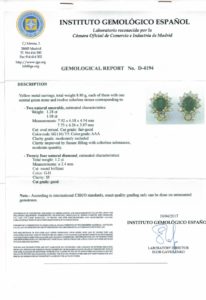 Pareja de pendientes en oro con Esmeraldas talla Oval de 2,36 ct. total y 24 Brillantes de 1,20 ct. (G-H/SI). Certificado IGE.