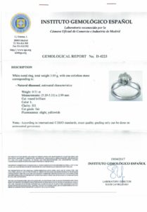 Solitario de Oro Blanco de 18k con Diamante Natural talla Brillante de 0,51 ct. (L-SI1). Certificado IGE.