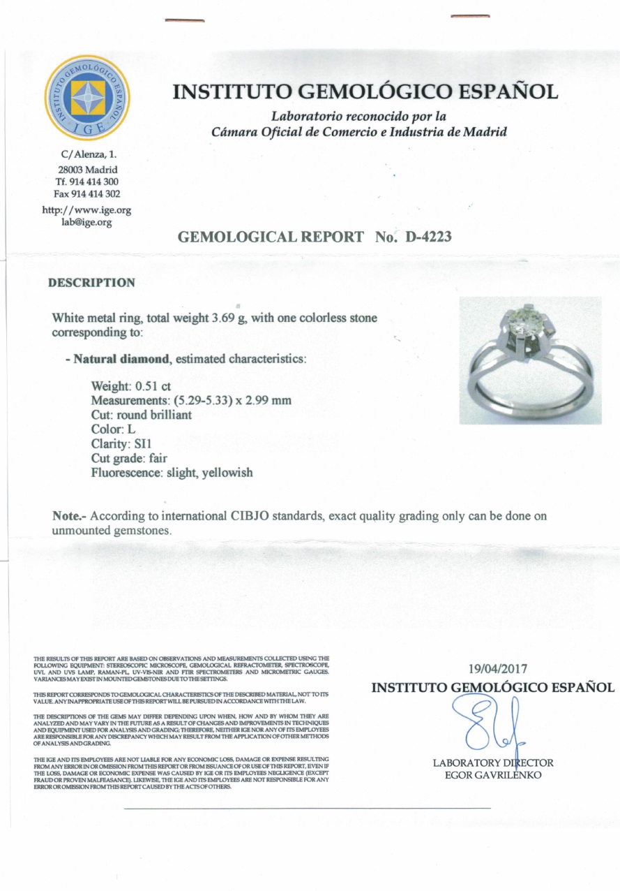 Solitario de Oro Blanco de 18k con Diamante Natural talla Brillante de 0,51 ct. (L-SI1). Certificado IGE. Solitario de Oro Blanco de 18k con Diamante Natural talla Brillante de 0,51 ct. (L-SI1). Certificado IGE.