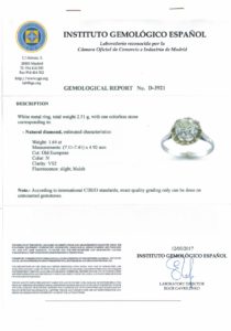 Solitario en Oro Blanco con Diamante Natural Talla Antigua Europea de 1,65 ct. (J-K-VVS2-VS1).