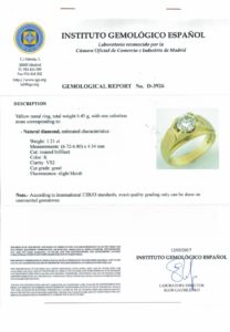 Solitario en Oro de 18k, con Diamante Talla Brillante de 1,21 ct. (Certificado IGE) K/VS2