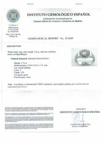Sortija de Oro Blanco de 18k. con Diamante Natural Talla Brillante de 0,70 ct. (J/SI2). Certificado IGE.