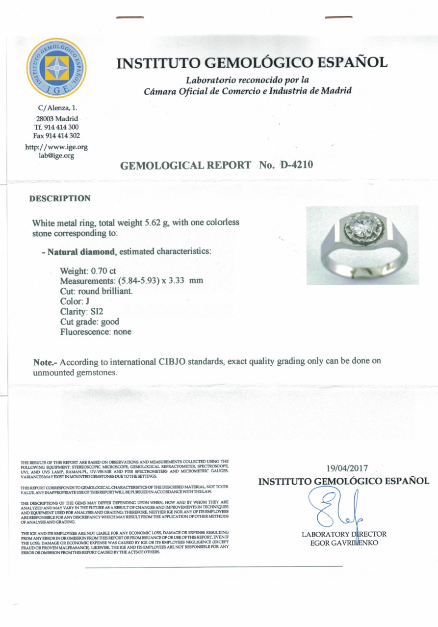 Sortija de Oro Blanco de 18k. con Diamante Natural Talla Brillante de 0,70 ct. (J/SI2). Certificado IGE. Sortija de Oro Blanco de 18k. con Diamante Natural Talla Brillante de 0,70 ct. (J/SI2). Certificado IGE.