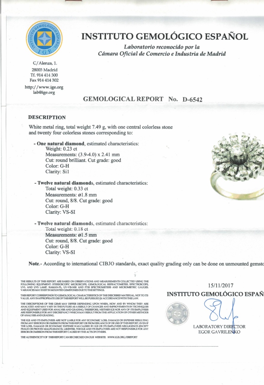 Sortija en Oro Blanco con Diamante Central, talla Brillante de 0,23 ct. (G-H/SI1) y 24 Diamantes Naturales, de 0,51 ct. (G-H/VS-SI). Certificado IGE. Sortija en Oro Blanco con Diamante Central, talla Brillante de 0,23 ct. (G-H/SI1) y 24 Diamantes Naturales, de 0,51 ct. (G-H/VS-SI). Certificado IGE.