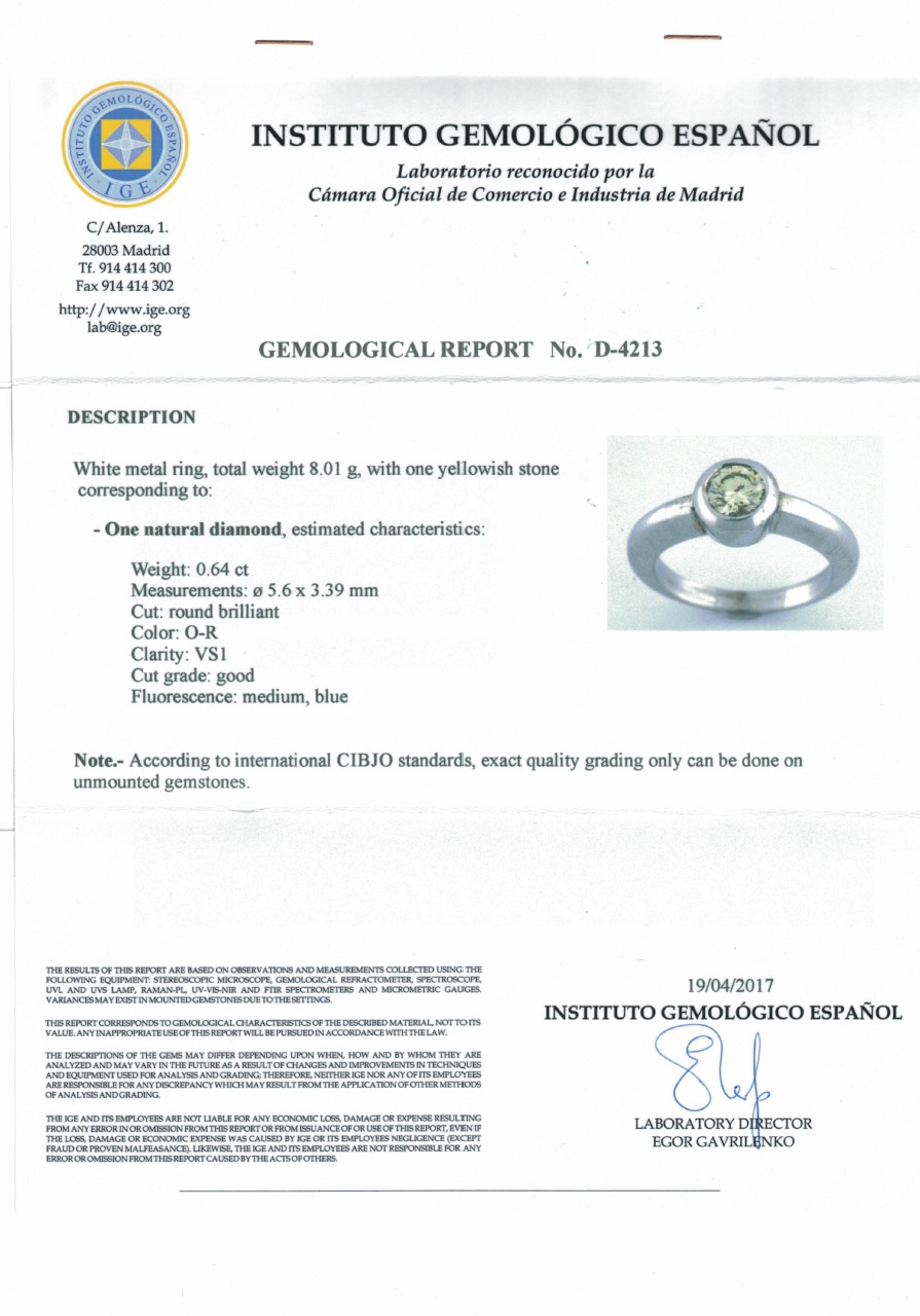 Sortija en Oro Blanco con Diamante talla Brillante de 0,64 ct. (O-R/VS1). Certificado IGE. Sortija en Oro Blanco con Diamante talla Brillante de 0,64 ct. (O-R/VS1). Certificado IGE.