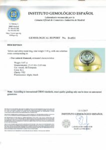 Sortija en Oro con Chatón central de Diamante talla Antigua Europea de 0,47 ct. Certificado. 
