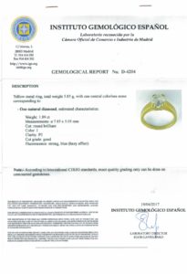 Sortija en Oro con Diamante Natural talla Brillante de 1,89 ct. (I/P3). Certificado IGE. 17,25 mm.