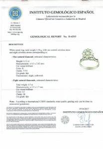 Sortija en oro con Rosetón de Brillantes. Uno Central de 0,32 ct. (K-VVS) y Ocho de 0,70 ct. (I-J/SI). Certificado IGE