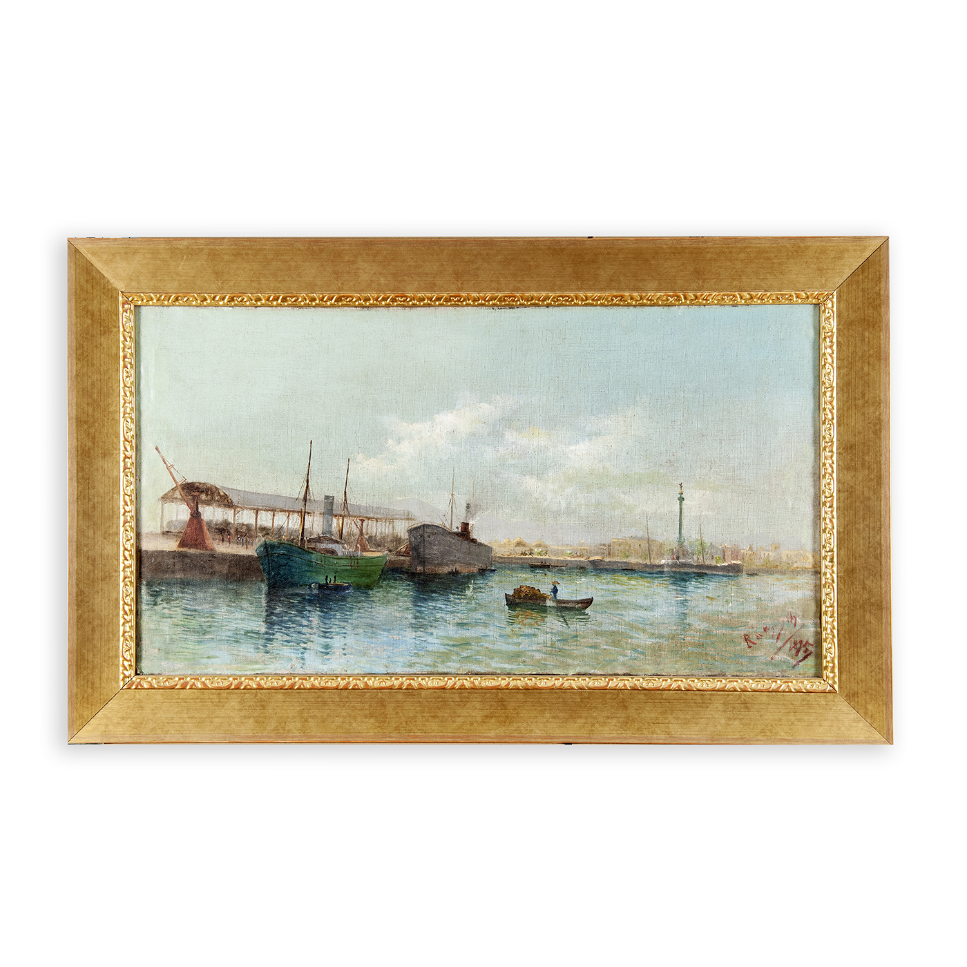 Escuela Catalana Siglo XIX. Óleo sobre lienzo. "Puerto de Barcelona".