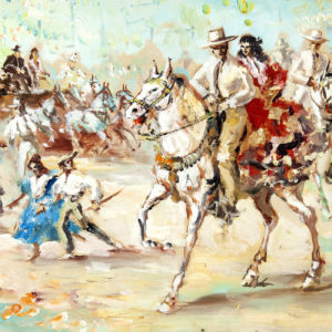 JOAN LLAURADÓ ARENAS. Óleo sobre Lienzo. Caballistas en la Feria.