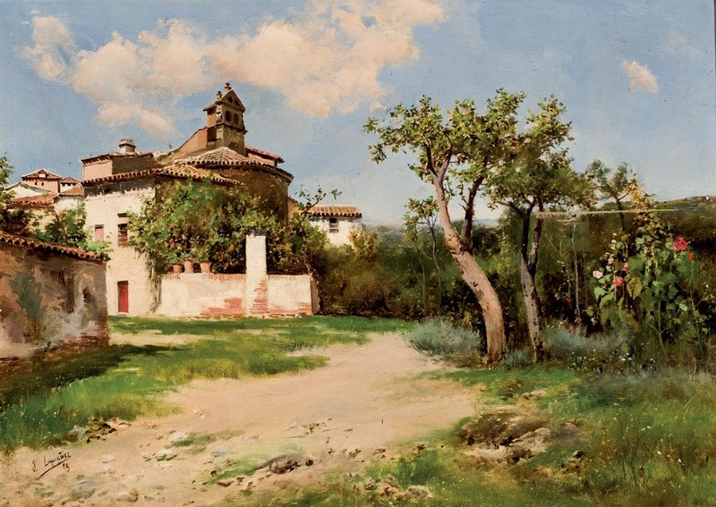 JOSÉ LUPIÁÑEZ CARRASCO. Óleo sobre lienzo.“Paisaje con Iglesia y casas de pueblo”. JOSÉ LUPIÁÑEZ CARRASCO. Óleo sobre lienzo.“Paisaje con Iglesia y casas de pueblo”.