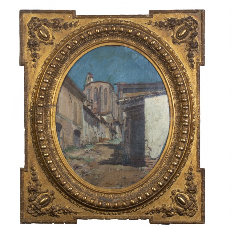 JOSÉ MORENO CARBONERO. Óleo sobre lienzo. "Vista de Pueblo". JOSÉ MORENO CARBONERO. Óleo sobre lienzo. "Vista de Pueblo".