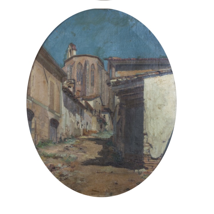 JOSÉ MORENO CARBONERO. Óleo sobre lienzo. "Vista de Pueblo". JOSÉ MORENO CARBONERO. Óleo sobre lienzo. "Vista de Pueblo".