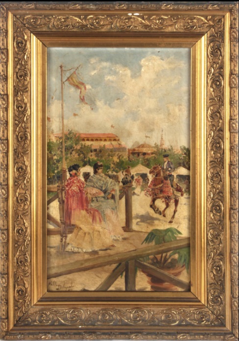 MARIANO OBIOLS DELGADO. Óleo sobre tabla. "Feria de Sevilla".