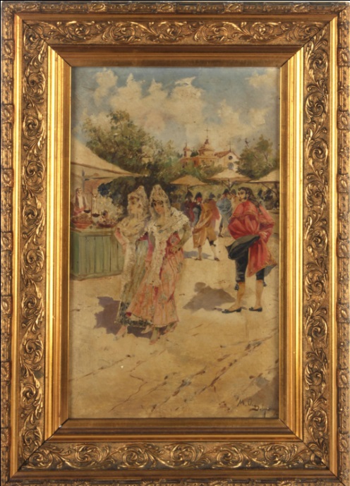 MARIANO OBIOLS DELGADO. Óleo sobre tabla. "Majos". MARIANO OBIOLS DELGADO. Óleo sobre tabla. "Majos".
