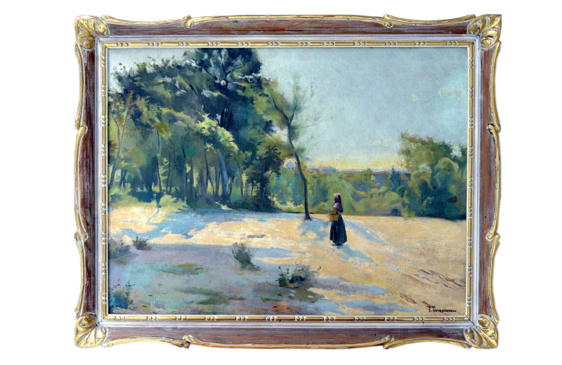 FRANCESC TORRESCASSSANA SALLARÉS. Óleo sobre lienzo: ""Paisaje con campesina"
