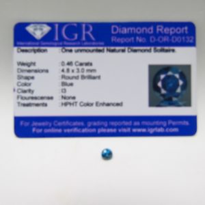 Diamante Natural de 0,46 ct. Talla: Brillante. Color: Blue. Pureza: P3. Mejorado. Certificado IGR.