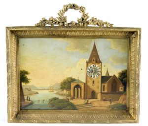 Reloj de Sobremesa-Colgar, integrado en óleo sobre placa de cobre. Manufactura Austriaca. Siglo XIX