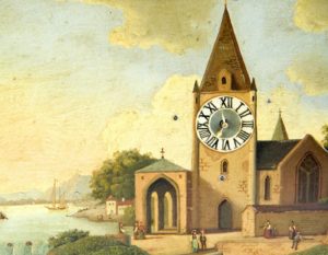 Reloj de Sobremesa-Colgar, integrado en óleo sobre placa de cobre. Manufactura Austriaca. Siglo XIX