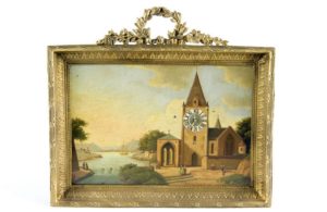 Reloj de Sobremesa-Colgar, integrado en óleo sobre placa de cobre. Manufactura Austriaca. Siglo XIX