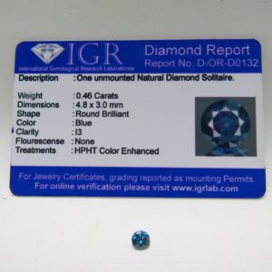 Diamante Natural de 0,46 ct. Talla: Brillante. Color: Blue. Pureza: P3. Mejorado. Certificado IGR.