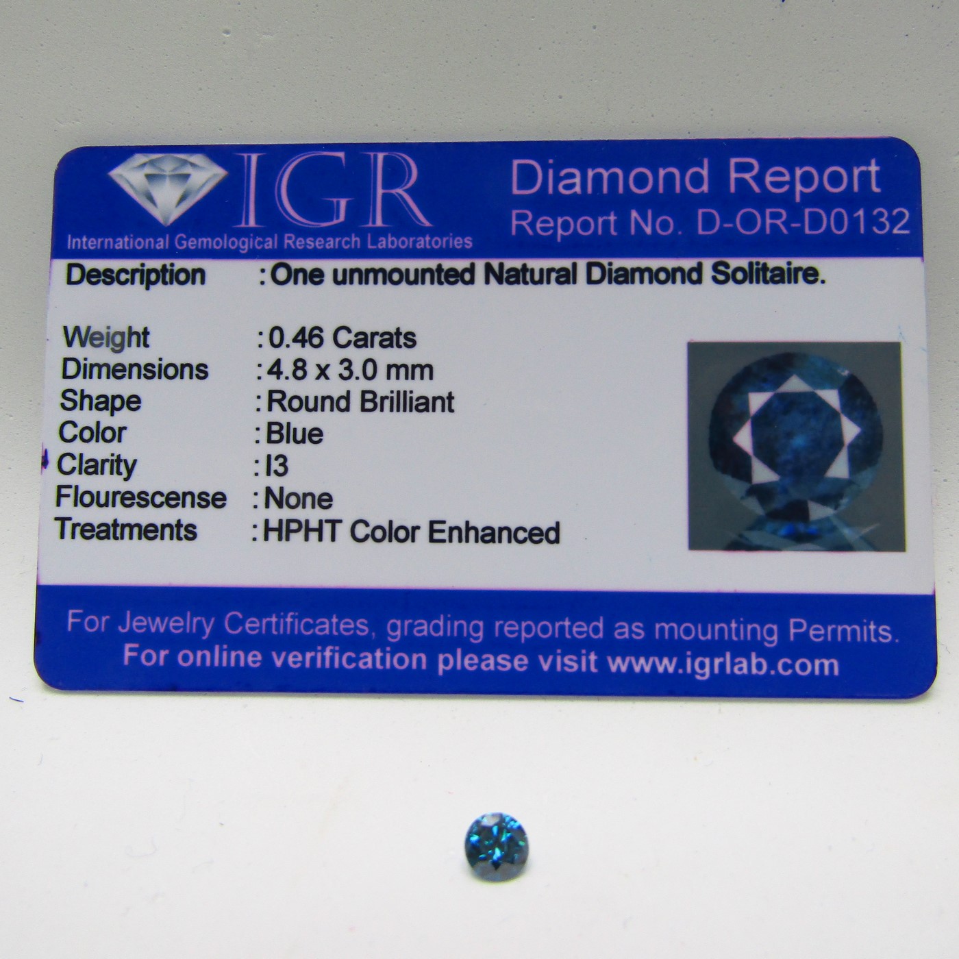 Diamante Natural de 0,46 ct. Talla: Brillante. Color: Blue. Pureza: P3. Mejorado. Certificado IGR. Diamante Natural de 0,46 ct. Talla: Brillante. Color: Blue. Pureza: P3. Mejorado. Certificado IGR.