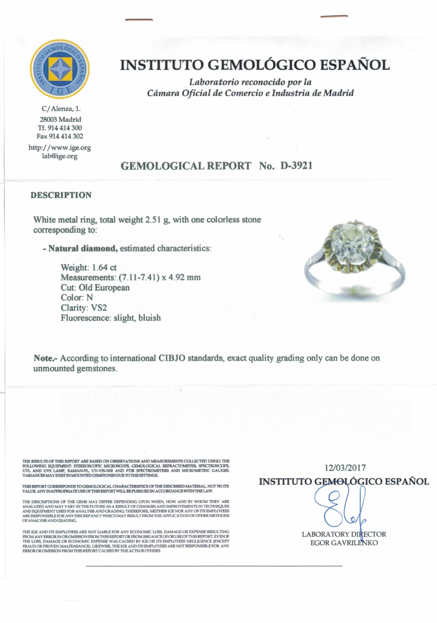 Solitario en Oro Blanco con Diamante Natural Talla Antigua Europea de 1,64 ct. (N-VS2). Certificado IGE. Solitario en Oro Blanco con Diamante Natural Talla Antigua Europea de 1,64 ct. (N-VS2). Certificado IGE.