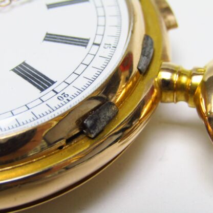 ANGELUS. Reloj de Bolsillo saboneta, remontoir, Cronógrafo y Repetición Horas y Cuartos. Oro 18k. Suiza, ca. 1910.