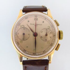 BAUME AND MERCIER (GENEVE). Reloj Cronógrafo de pulsera para caballero. Oro 18k. Suiza, ca. 1950