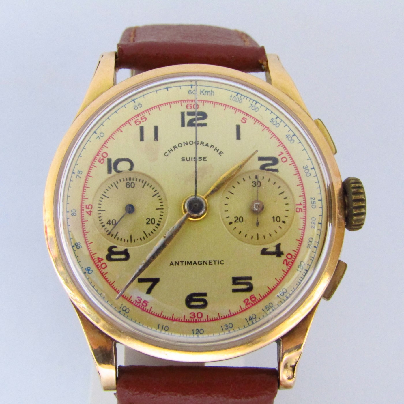 CRONOGRAPHE SUISSE. Reloj Cronógrafo de pulsera para caballero. Oro 18k. Suiza, Ca. 1950 CRONOGRAPHE SUISSE. Reloj Cronógrafo de pulsera para caballero. Oro 18k. Suiza, Ca. 1950