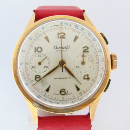 Reloj Cronógrafo de pulsera para caballero. Marca CORANIC. Oro 18k. Suiza, Ca. 1950