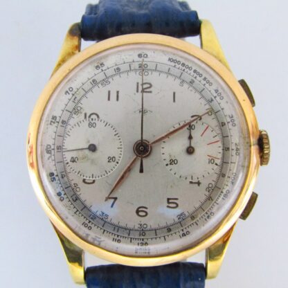 Reloj Cronógrafo de pulsera para caballero. Marca MP. Oro 18k. Suiza, ca. 1950