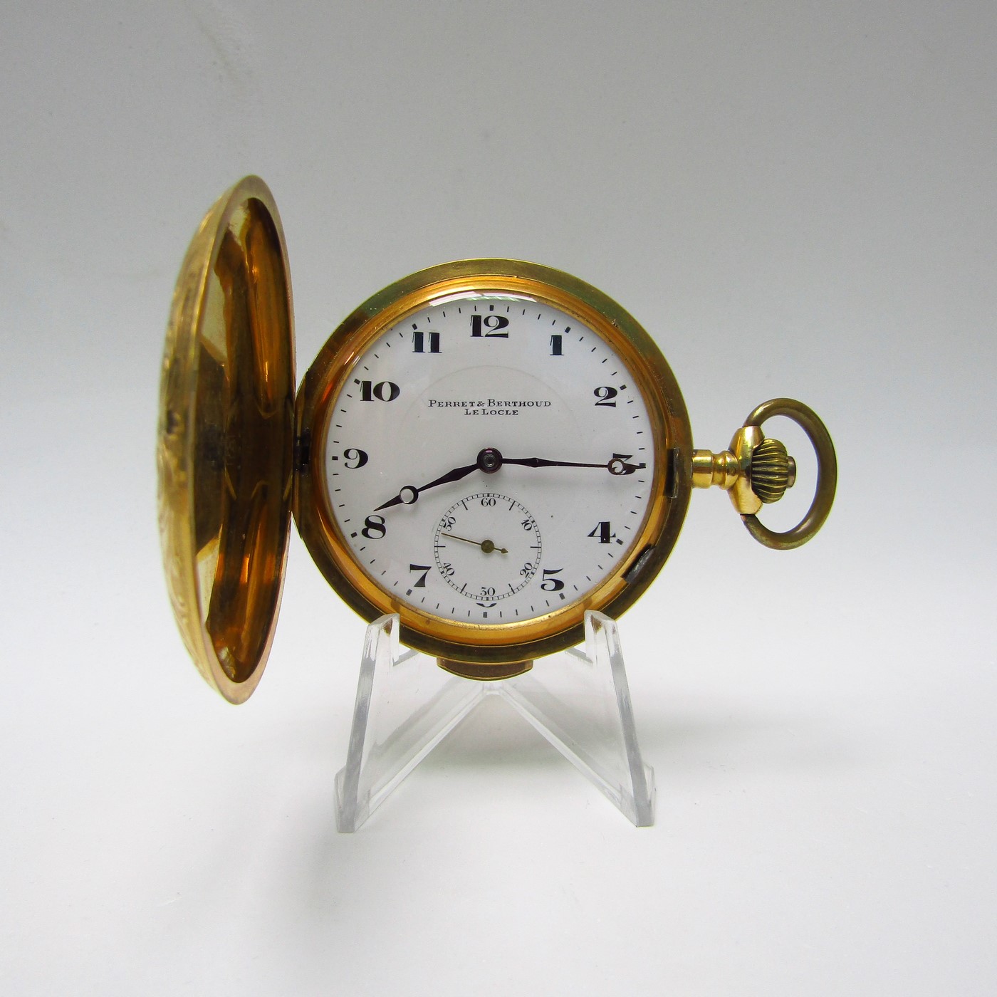 Perret & Berthoud (Le Locle). Reloj de repetición a minutos, saboneta y remontoir. Circa. 1910. Oro 18k. Perret & Berthoud (Le Locle). Reloj de repetición a minutos, saboneta y remontoir. Circa. 1910. Oro 18k.