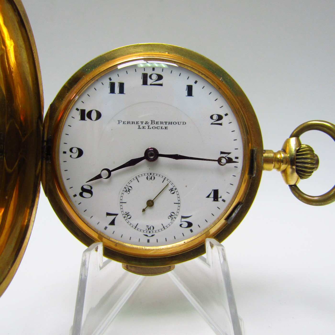 Perret & Berthoud (Le Locle). Reloj de repetición a minutos, saboneta y remontoir. Circa. 1910. Oro 18k. Perret & Berthoud (Le Locle). Reloj de repetición a minutos, saboneta y remontoir. Circa. 1910. Oro 18k.