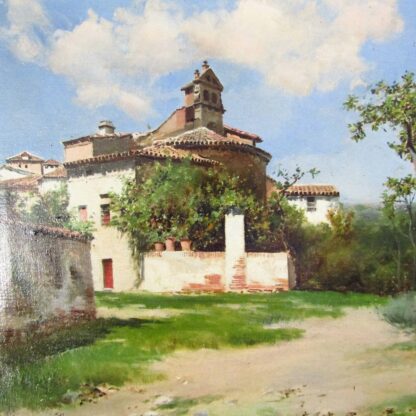 JOSÉ LUPIÁÑEZ CARRASCO (1864-1938). Óleo sobre lienzo.“Paisaje con Iglesia y casas de pueblo”.
