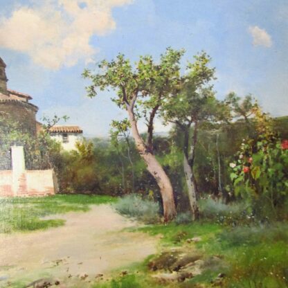 JOSE LUPIAÑEZ CARRASCO (1864-1938). Huile sur toile « Paysage avec église et maisons bourgeoises ».