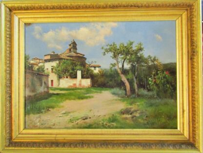 JOSÉ LUPIÁÑEZ CARRASCO (1864-1938). Óleo sobre lienzo.“Paisaje con Iglesia y casas de pueblo”.