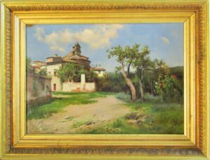 JOSÉ LUPIÁÑEZ CARRASCO (1864-1938). Óleo sobre lienzo.“Paisaje con Iglesia y casas de pueblo”.