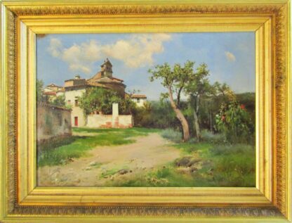 JOSE LUPIAÑEZ CARRASCO (1864-1938). Öl auf Leinwand „Landschaft mit Kirche und Bürgerhäusern“.