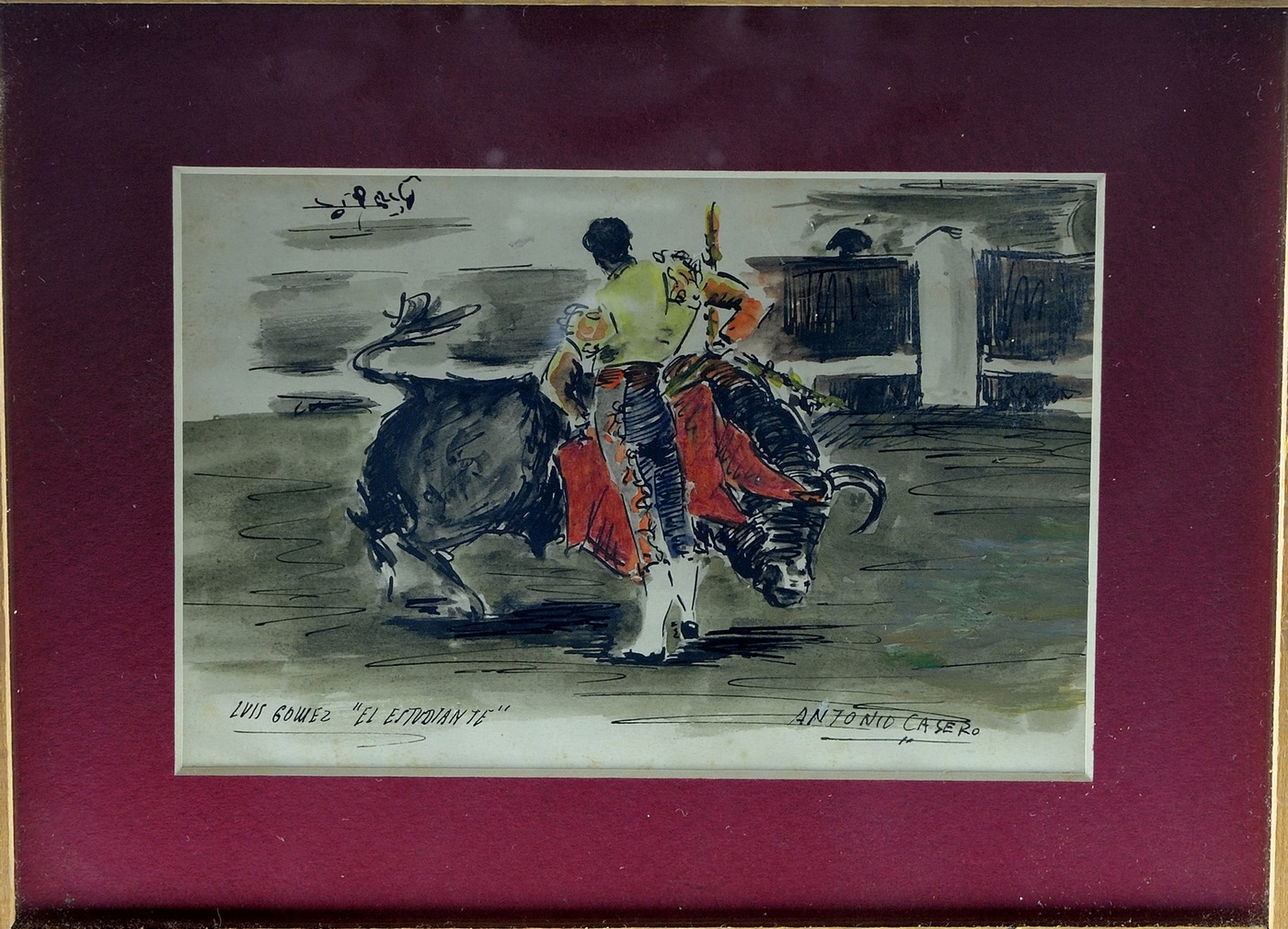 ANTONIO CASERO SANZ (1898-1973). Dibujo Taurino a Plumilla coloreado con acuarela. "Luis Gómez El Estudiante". ANTONIO CASERO SANZ (1898-1973). Dibujo Taurino a Plumilla coloreado con acuarela. "Luis Gómez El Estudiante".
