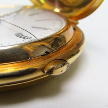 LONGUEVUE. Reloj Cronógrafo de repetición de Horas y Cuartos. Saboneta y remontoir. Oro 18k. Suiza, ca. 1900