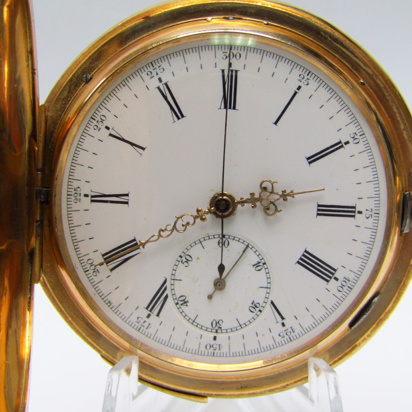 LONGUEVUE. Reloj Cronógrafo de repetición de Horas y Cuartos. Saboneta y remontoir. Oro 18k. Suiza, ca. 1900 LONGUEVUE. Reloj Cronógrafo de repetición de Horas y Cuartos. Saboneta y remontoir. Oro 18k. Suiza, ca. 1900