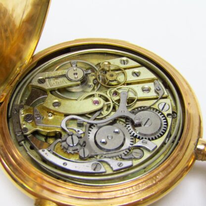 LONGUEVUE. Chronographenuhr mit Stunden- und Viertelstundenwiederholung. Saboneta und Remontoir. 18 Karat Gold. Schweiz, ca. 1900