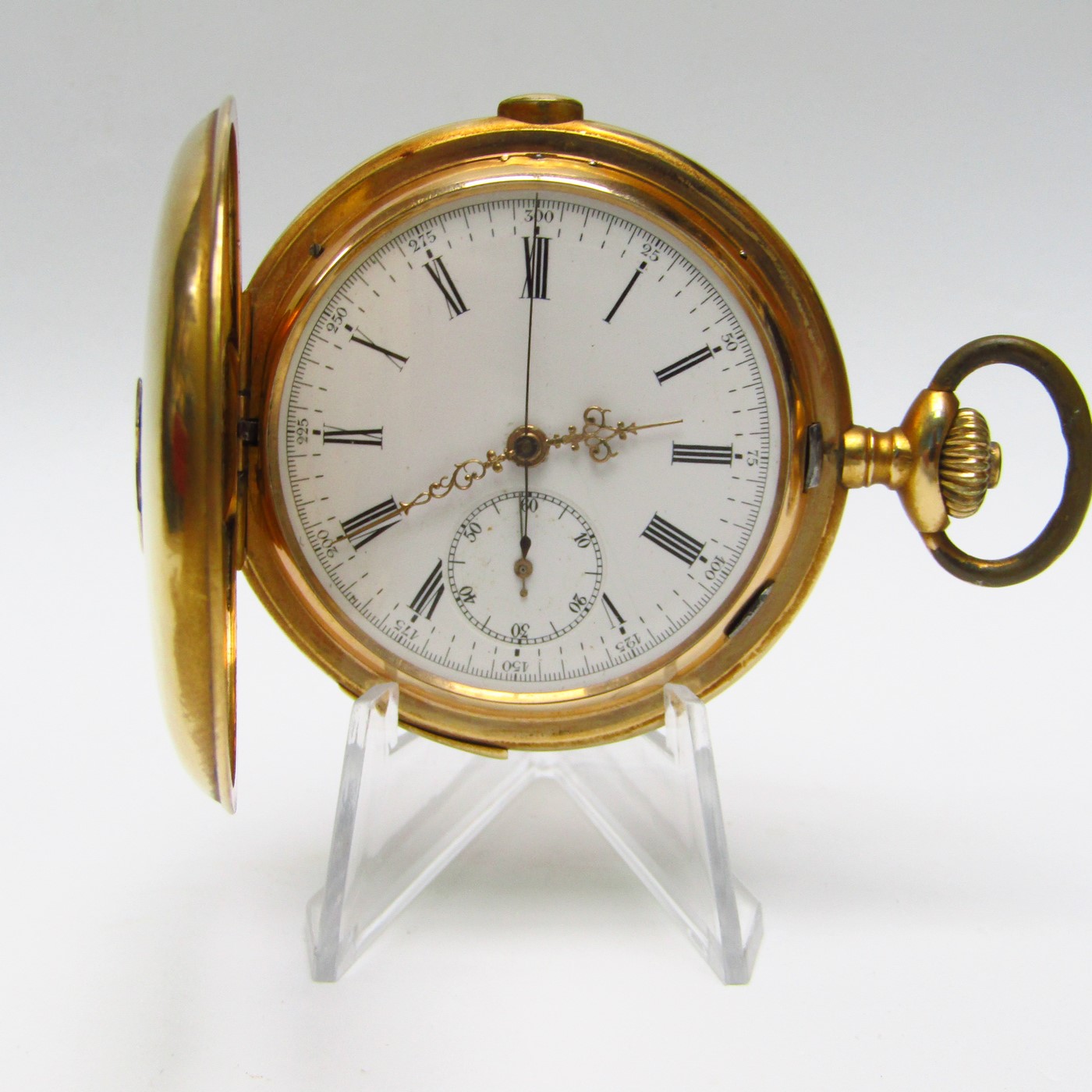 LONGUEVUE. Reloj Cronógrafo de repetición de Horas y Cuartos. Saboneta y remontoir. Oro 18k. Suiza, ca. 1900 LONGUEVUE. Reloj Cronógrafo de repetición de Horas y Cuartos. Saboneta y remontoir. Oro 18k. Suiza, ca. 1900