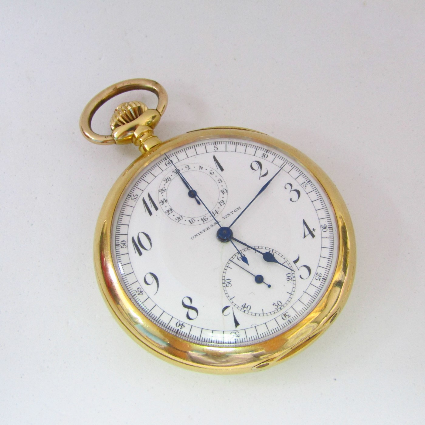 UNIVERSAL WATCH. Reloj Cronógrafo de bolsillo, lepine y remontoir. Oro 18k. Suiza, ca. 1910. UNIVERSAL WATCH. Reloj Cronógrafo de bolsillo, lepine y remontoir. Oro 18k. Suiza, ca. 1910.