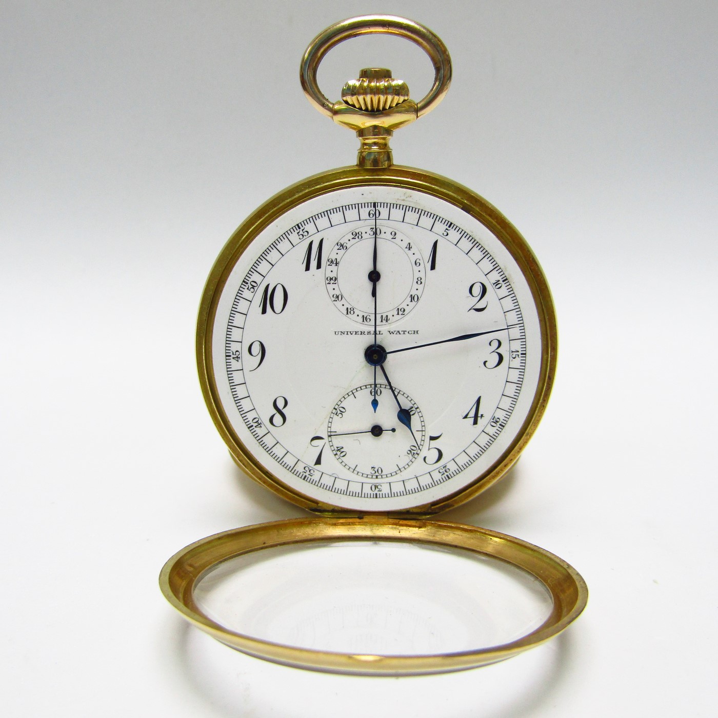UNIVERSAL WATCH. Reloj Cronógrafo de bolsillo, lepine y remontoir. Oro 18k. Suiza, ca. 1910. UNIVERSAL WATCH. Reloj Cronógrafo de bolsillo, lepine y remontoir. Oro 18k. Suiza, ca. 1910.