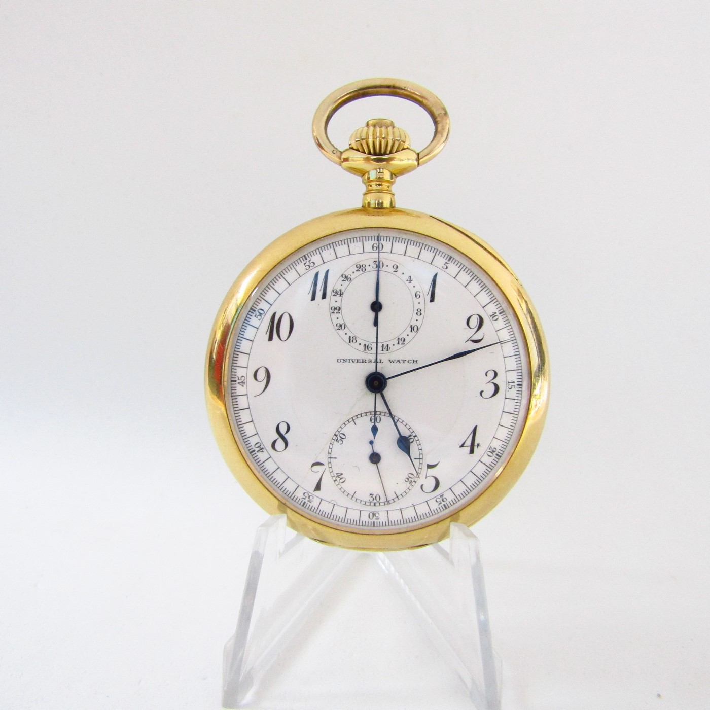 UNIVERSAL WATCH. Reloj Cronógrafo de bolsillo, lepine y remontoir. Oro 18k. Suiza, ca. 1910. UNIVERSAL WATCH. Reloj Cronógrafo de bolsillo, lepine y remontoir. Oro 18k. Suiza, ca. 1910.
