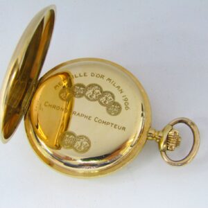 UNIVERSAL WATCH. Reloj Cronógrafo de bolsillo, lepine y remontoir. Oro 18k. Suiza, ca. 1910.